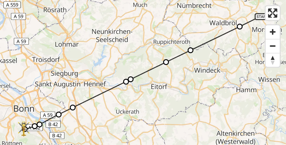 Flugroute Rettungshubschrauber Morsbach - Bonn University Hospital, 10 Mai 2026, 13:57