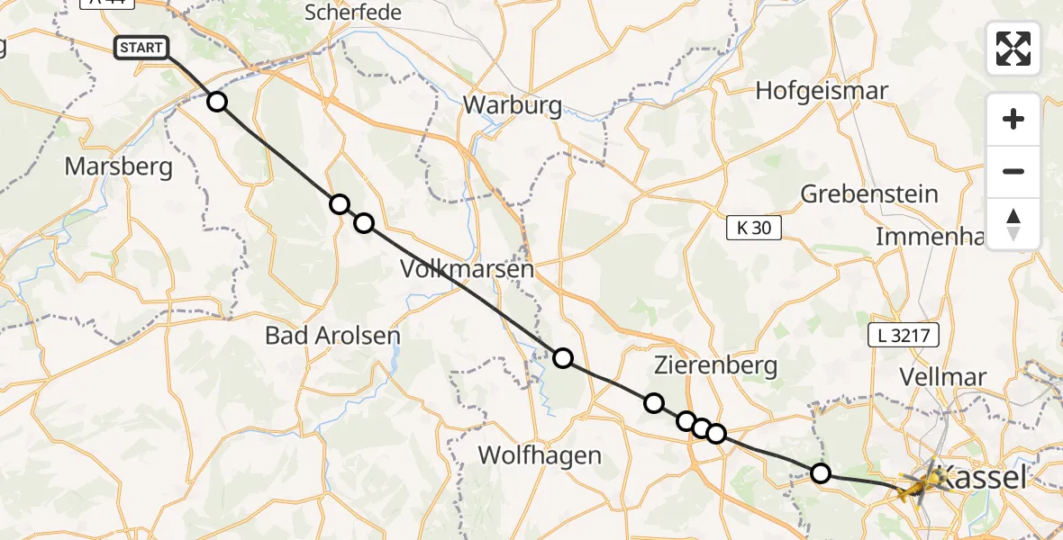 Flugroute Rettungshubschrauber Marsberg - Kassel, 10 Mai 2026, 13:58