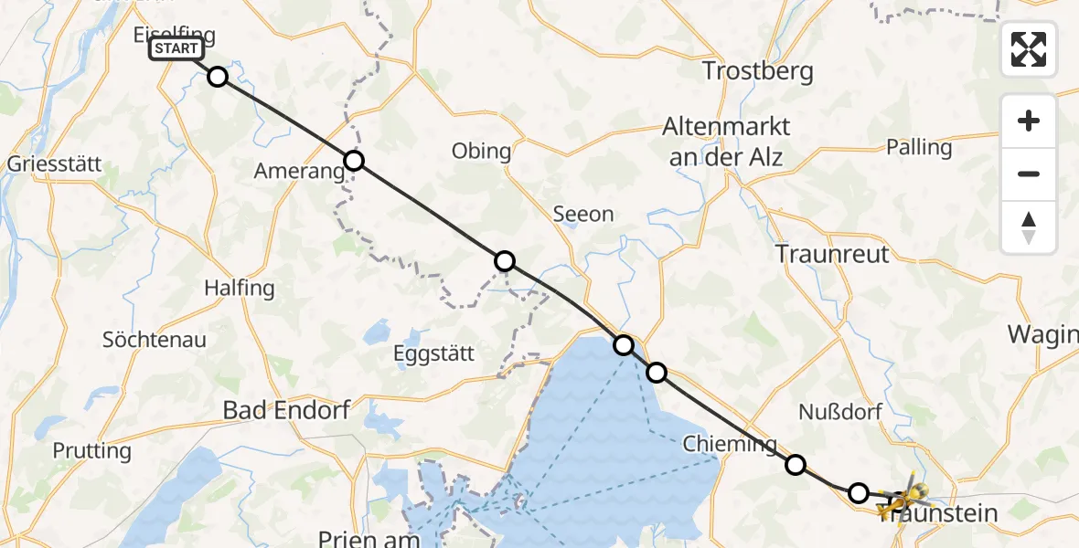 Flugroute Rettungshubschrauber Eiselfing - Traunstein Hospital, 10 Mai 2026, 14:01