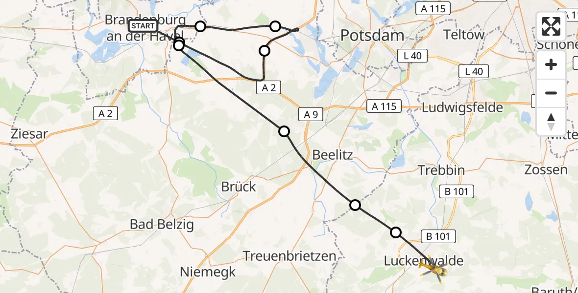 Flugroute Rettungshubschrauber Brandenburg an der Havel - Luckenwalde, 10 Mai 2026, 14:05