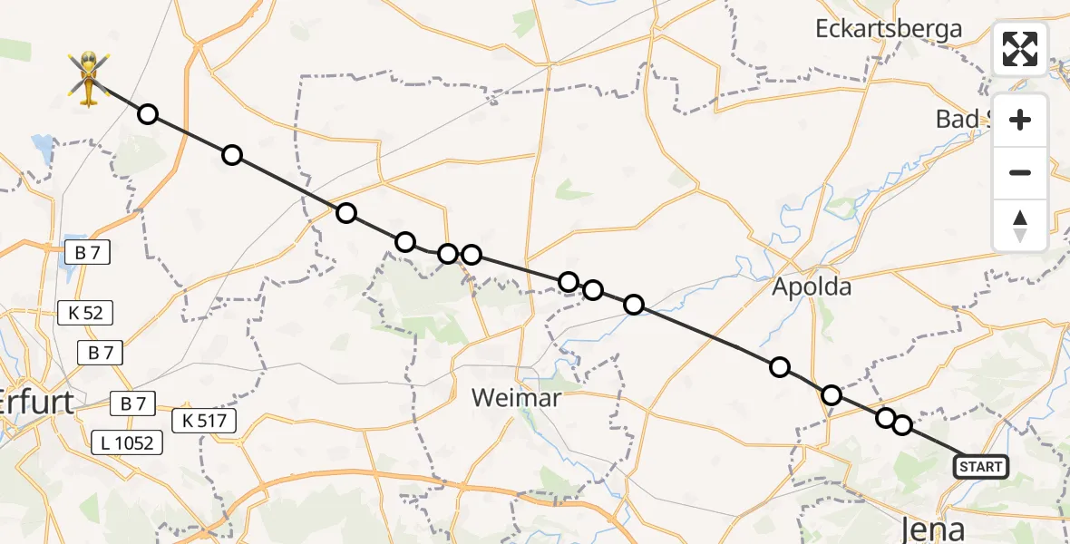 Flugroute Rettungshubschrauber Jena - Großrudestedt, 10 Mai 2026, 14:06