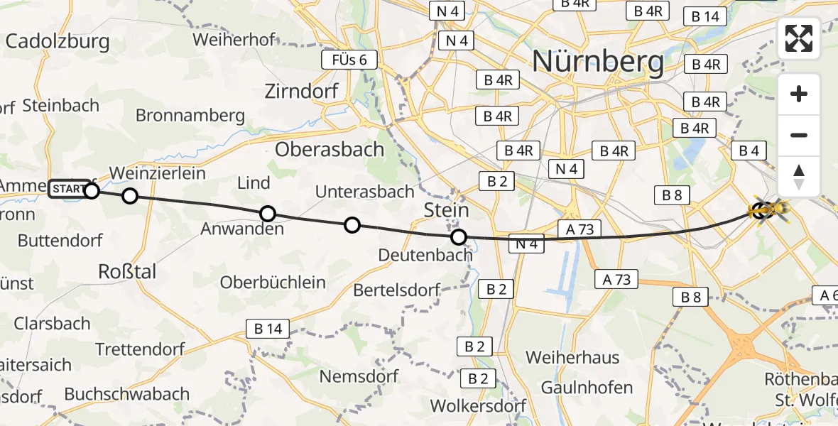 Flugroute Ambulanzhubschrauber Ammerndorf - Nürnberg South Hospital, 10 Mai 2026, 14:11