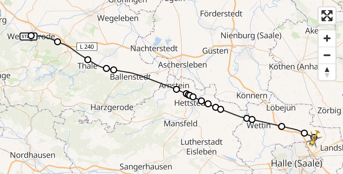 Flugroute Rettungshubschrauber Harz Hospital Wernigerode - Halle-Oppin Flugplatz, 10 Mai 2026, 14:15