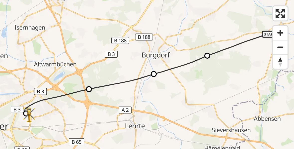 Flugroute Rettungshubschrauber Uetze - Hannover Luftrettung Hubschrauberlandeplatz (Christoph 4), 10 Mai 2026, 14:16