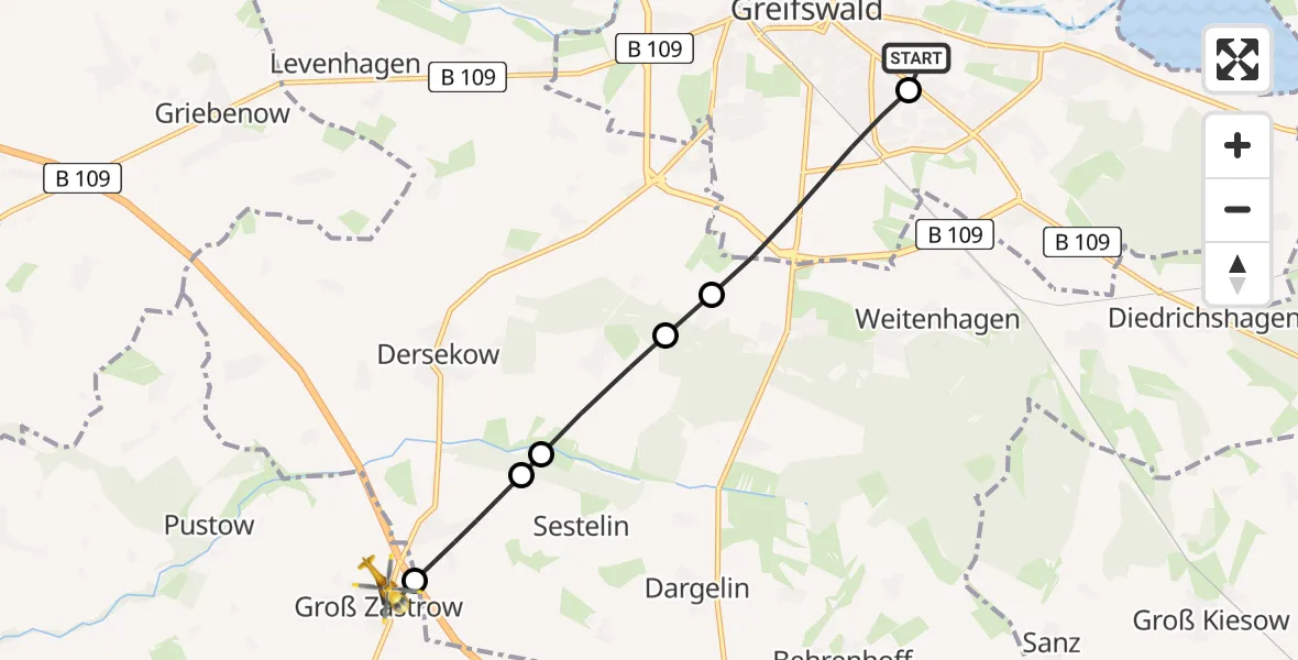Flugroute Rettungshubschrauber Greifswald Hospital - Görmin, 10 Mai 2026, 14:20