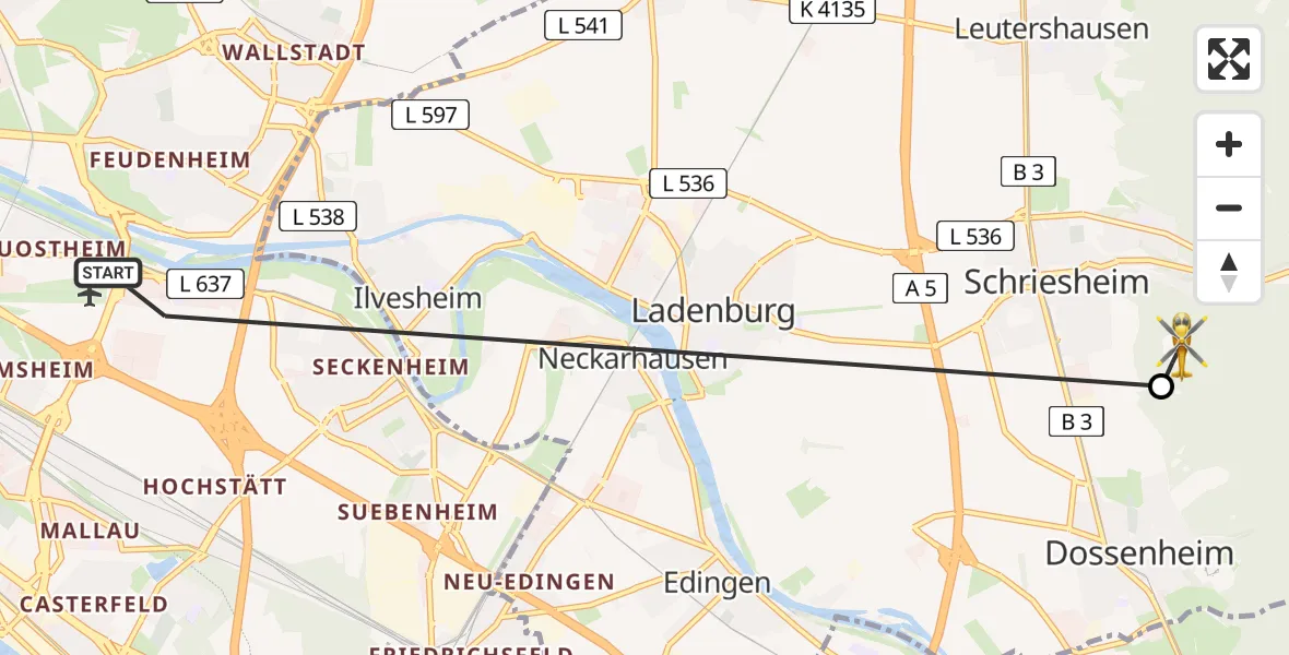 Flugroute Rettungshubschrauber Mannheim-City Flughafen - Schriesheim, 10 Mai 2026, 14:26