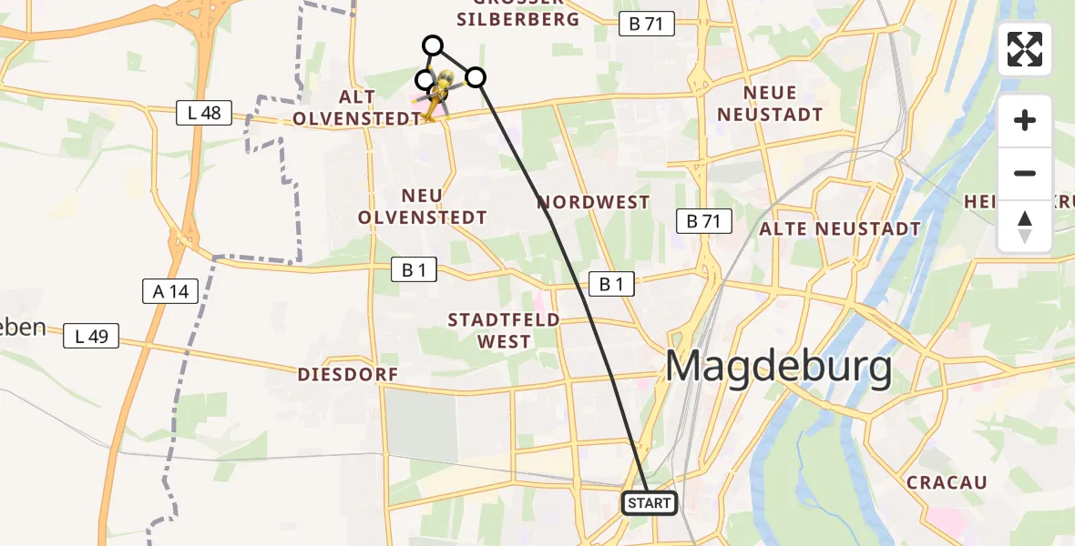 Flugroute Rettungshubschrauber Magdeburg - Magdeburg Hospital, 10 Mai 2026, 14:31
