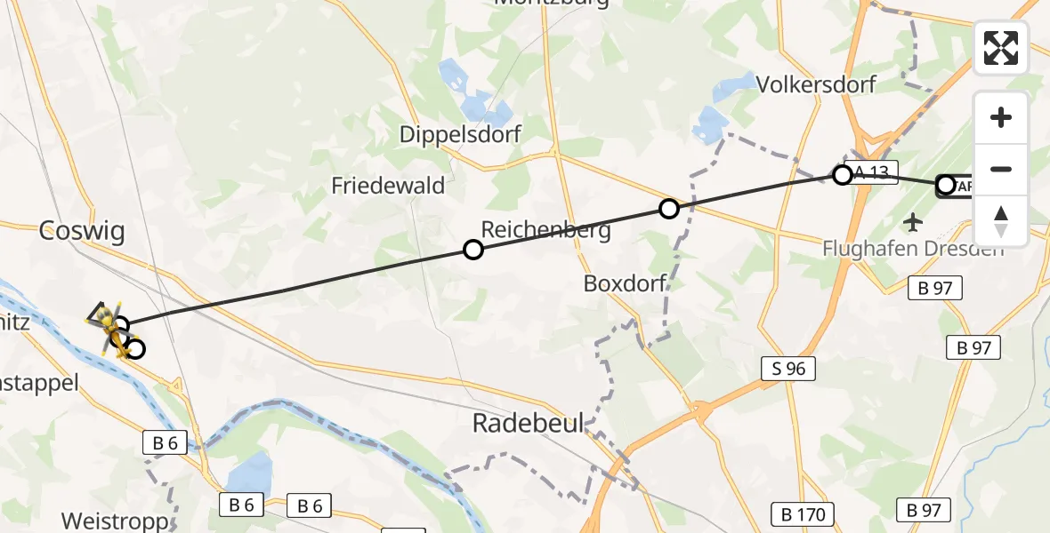Flugroute Rettungshubschrauber Dresden Bundespolizei Hubschrauberlandeplatz - Coswig, 10 Mai 2026, 14:39
