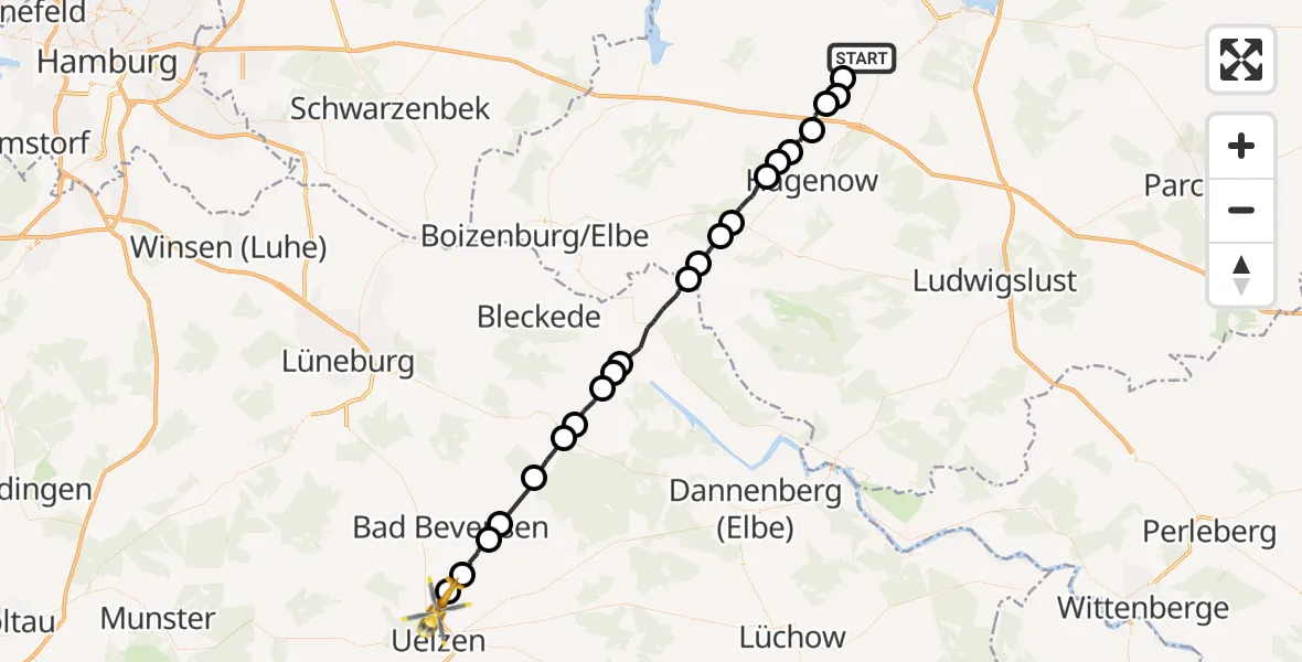 Flugroute Rettungshubschrauber Warsow - Uelzen, 10 Mai 2026, 14:39