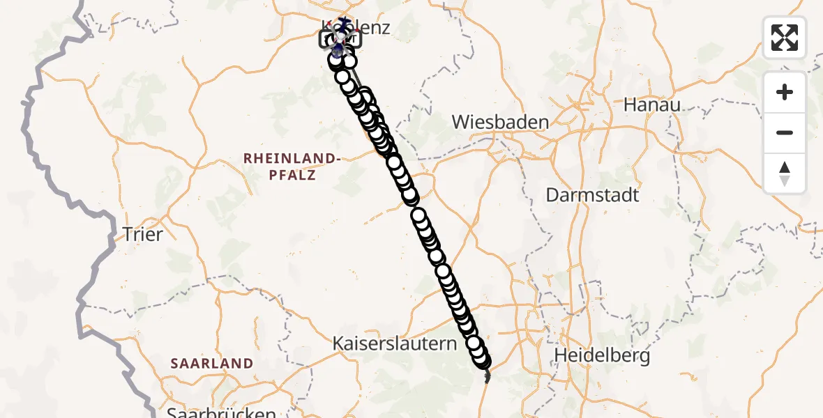 Flugroute Polizeihubschrauber Koblenz-Winningen Flugplatz - Koblenz-Winningen Flugplatz, 10 Mai 2026, 14:39