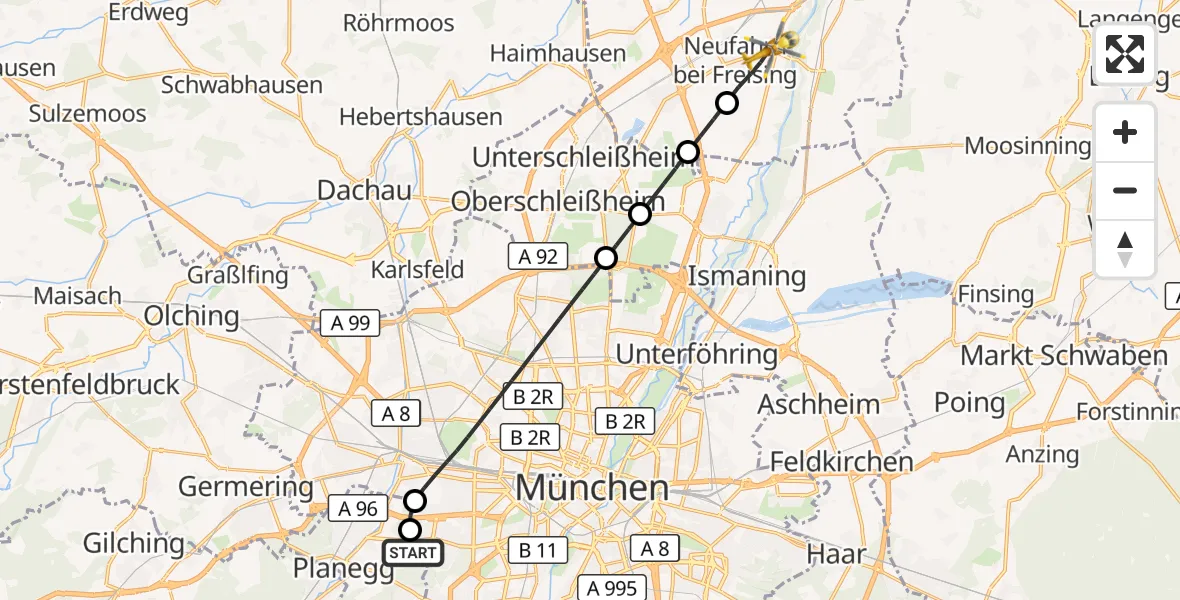Flugroute Rettungshubschrauber DRF Air Rescue München Hubschrauberlandeplatz - Neufahrn b.Freising, 10 Mai 2026, 14:40