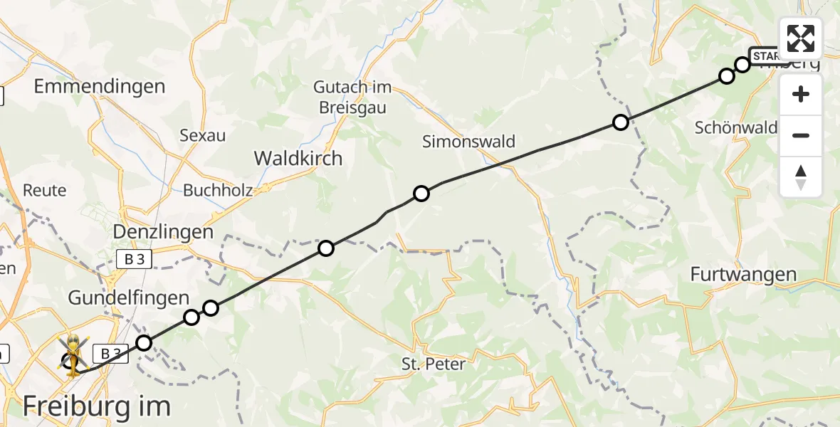 Flugroute Rettungshubschrauber Triberg im Schwarzwald - Freiburg im Breisgau Flugplatz, 10 Mai 2026, 14:42
