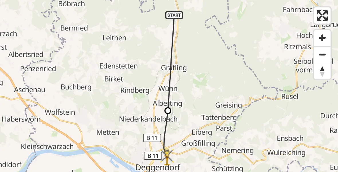 Flugroute Rettungshubschrauber Grafling - Deggendorf, 10 Mai 2026, 14:43