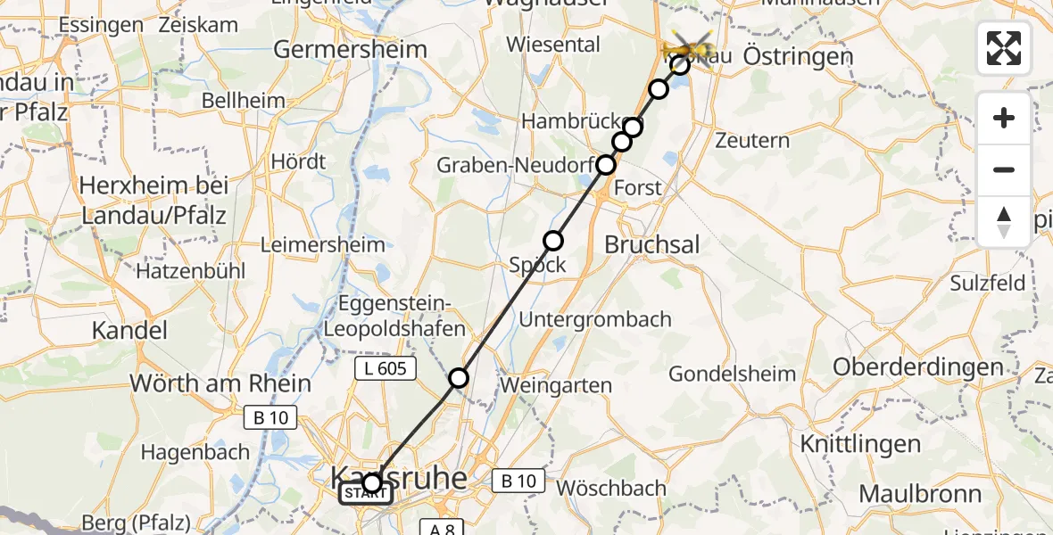 Flugroute Rettungshubschrauber Sankt Vincentius Hospital - Kronau, 10 Mai 2026, 14:45