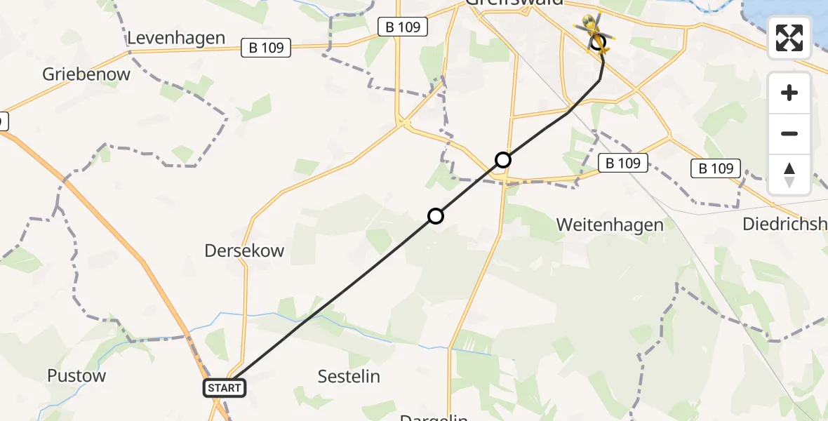 Flugroute Rettungshubschrauber Dersekow - Greifswald Hospital, 10 Mai 2026, 14:45