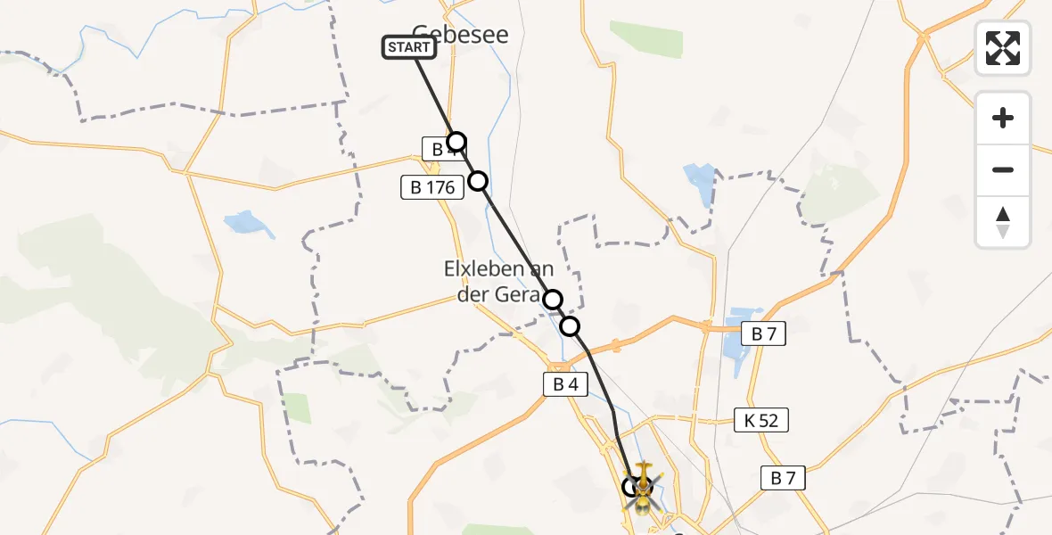 Flugroute Rettungshubschrauber Gebesee - Helios Clinic Erfurt, 10 Mai 2026, 14:52