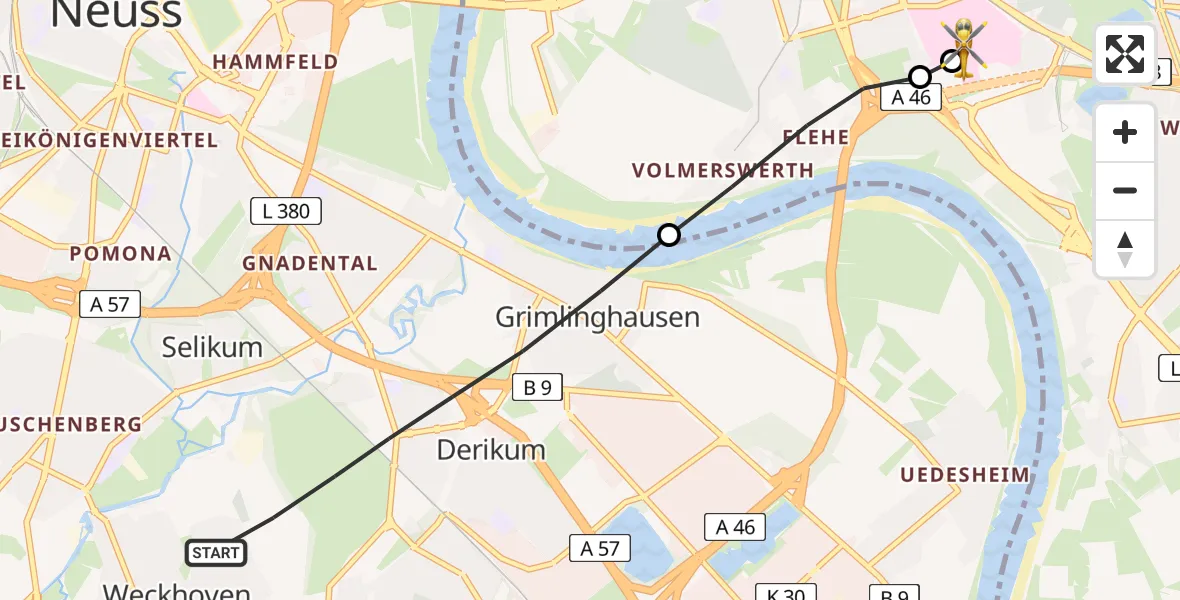 Flugroute Rettungshubschrauber Neuss - Düsseldorf University Hospital, 10 Mai 2026, 14:55