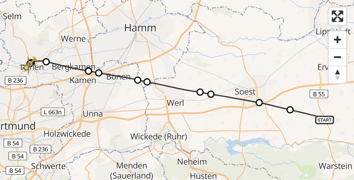 Flugroute Rettungshubschrauber Anröchte - Sankt Marien Hospital, 10 Mai 2026, 14:55