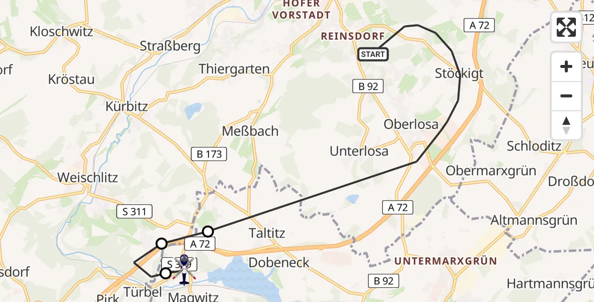 Flugroute Polizeihubschrauber Plauen - Oelsnitz/Vogtl., 10 Mai 2026, 14:58