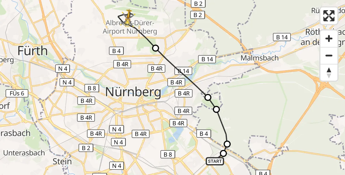 Flugroute Ambulanzhubschrauber Nürnberg South Hospital - Flughafen Nuremberg, 10 Mai 2026, 14:58