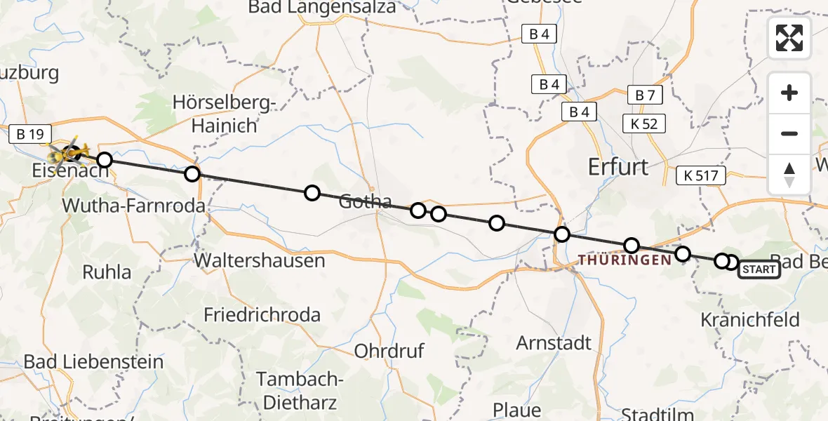 Flugroute Ambulanzhubschrauber Tonndorf - Sankt Georg Hospital Eisenach, 10 Mai 2026, 15:00