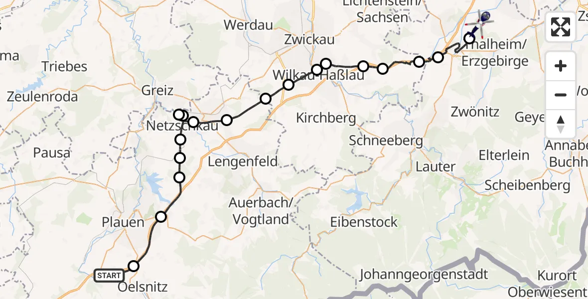 Flugroute Polizeihubschrauber Oelsnitz/Vogtl. - Niederdorf, 10 Mai 2026, 15:06