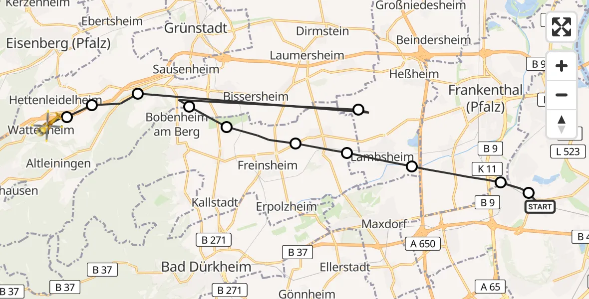 Flugroute Rettungshubschrauber Ludwigshafen Accident Hospital - Wattenheim, 10 Mai 2026, 15:13