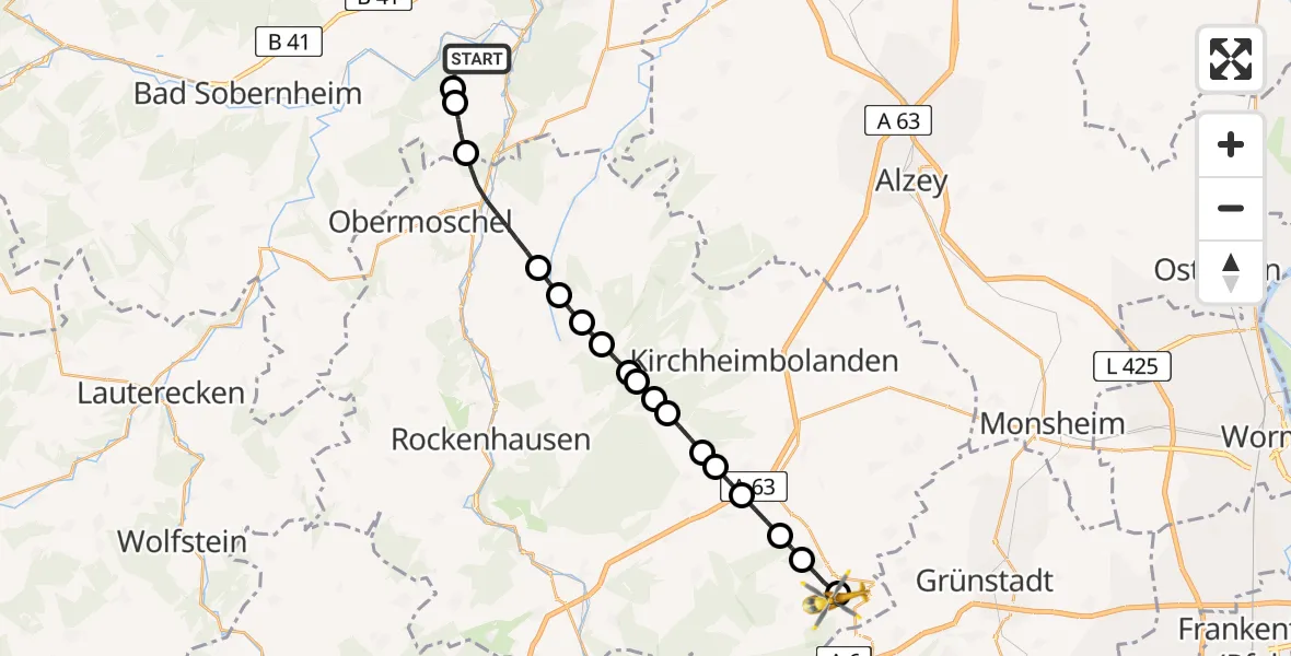 Flugroute Rettungshubschrauber Bad Kreuznach - Eisenberg (Pfalz), 10 Mai 2026, 15:13