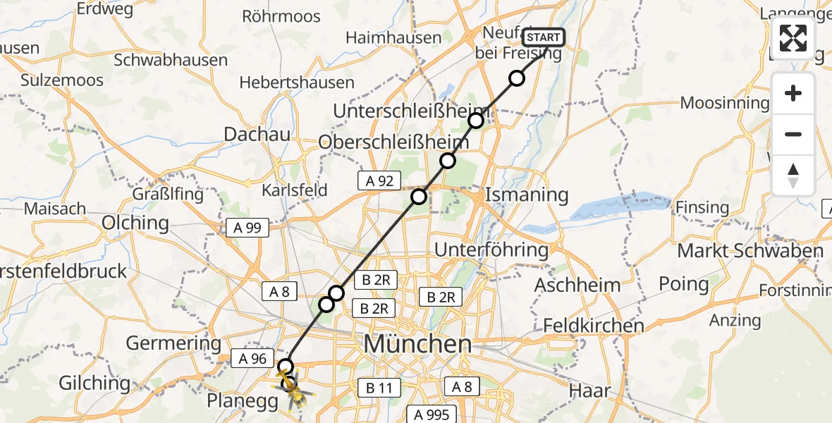 Flugroute Rettungshubschrauber Neufahrn b.Freising - DRF Air Rescue München Hubschrauberlandeplatz, 10 Mai 2026, 15:16