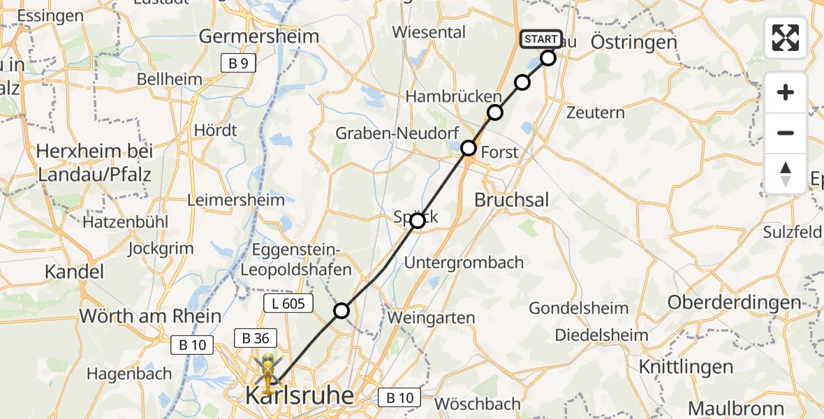 Flugroute Rettungshubschrauber Kronau - Karlsruhe, 10 Mai 2026, 15:18