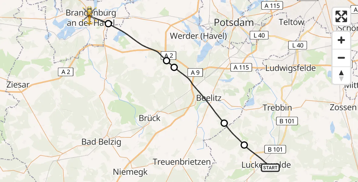 Flugroute Rettungshubschrauber Luckenwalde - Brandenburg an der Havel, 10 Mai 2026, 15:24