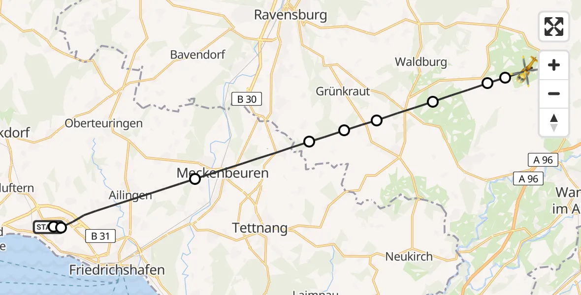 Flugroute Rettungshubschrauber Friedrichshafen Hospital - Wangen im Allgäu, 10 Mai 2026, 15:27