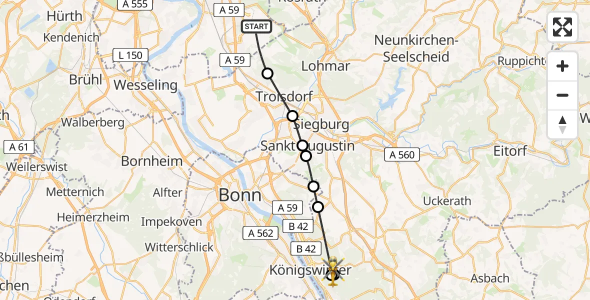 Flugroute Ambulanzhubschrauber Köln Bonn Flughafen - Königswinter, 10 Mai 2026, 15:29