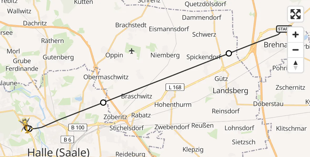 Flugroute Rettungshubschrauber Sandersdorf-Brehna - Halle (Saale) University Hospital, 10 Mai 2026, 15:31