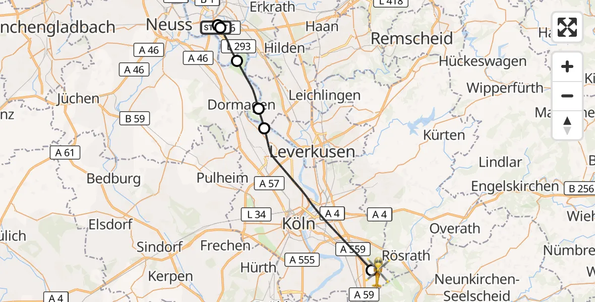 Flugroute Rettungshubschrauber Düsseldorf University Hospital - Köln Bonn Flughafen, 10 Mai 2026, 15:41