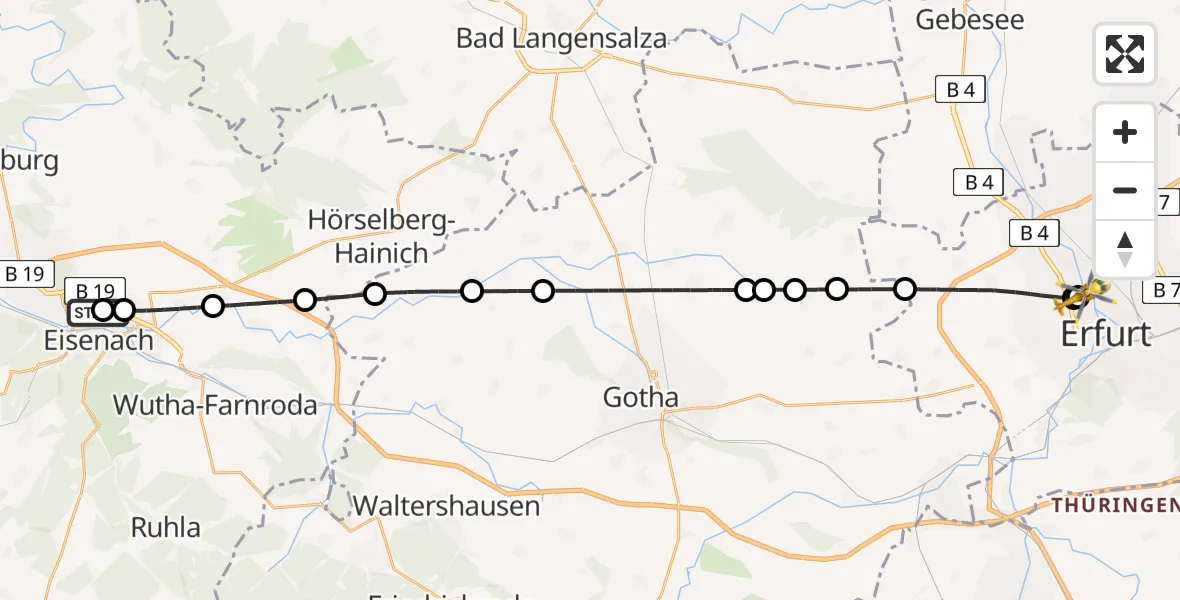 Flugroute Ambulanzhubschrauber Sankt Georg Hospital Eisenach - Helios Clinic Erfurt, 10 Mai 2026, 15:43
