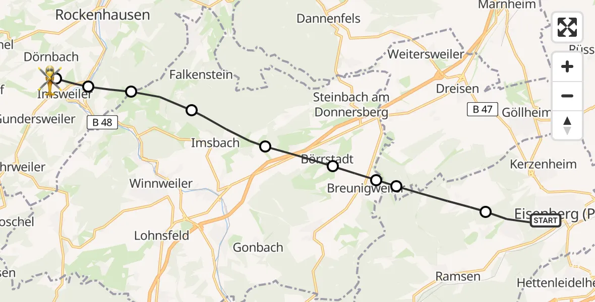 Flugroute Rettungshubschrauber Eisenberg (Pfalz) - Imsweiler UL, 10 Mai 2026, 15:46