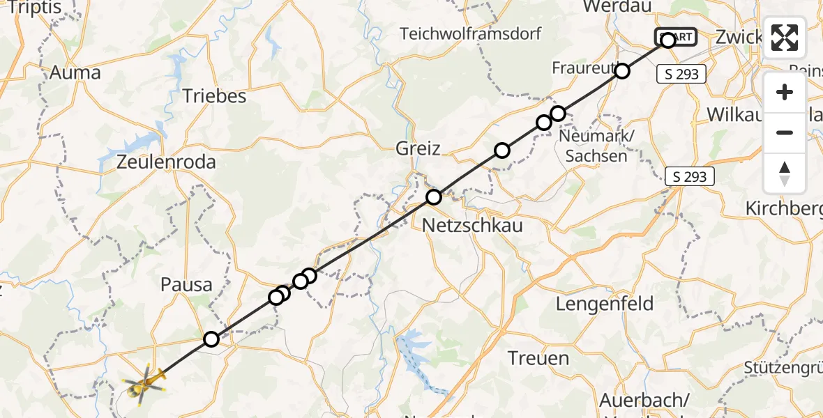 Flugroute Rettungshubschrauber ADAC Air Rescue Station Zwickau Hubschrauberlandeplatz - Rosenbach/Vogtl., 10 Mai 2026, 15:47