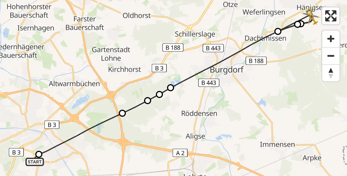 Flugroute Rettungshubschrauber Hannover Luftrettung Hubschrauberlandeplatz (Christoph 4) - Uetze, 10 Mai 2026, 15:47