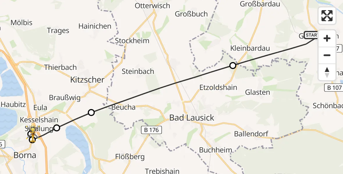 Flugroute Rettungshubschrauber Grimma - Sana Hospital Borna, 10 Mai 2026, 15:53