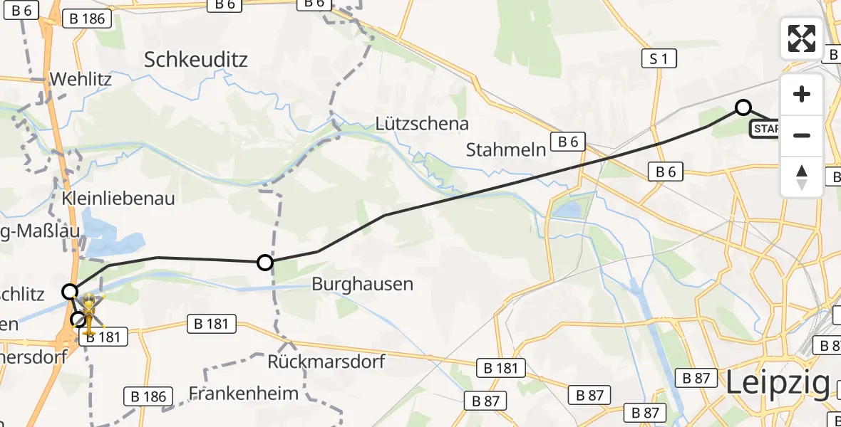 Flugroute Rettungshubschrauber Sankt Georg Hospital Leipzig Reserve - ADAC Air Rescue Station Leipzig/Schkeuditz-Dölzig Hubschrauberlandeplatz (Christoph 61), 10 Mai 2026, 15:53