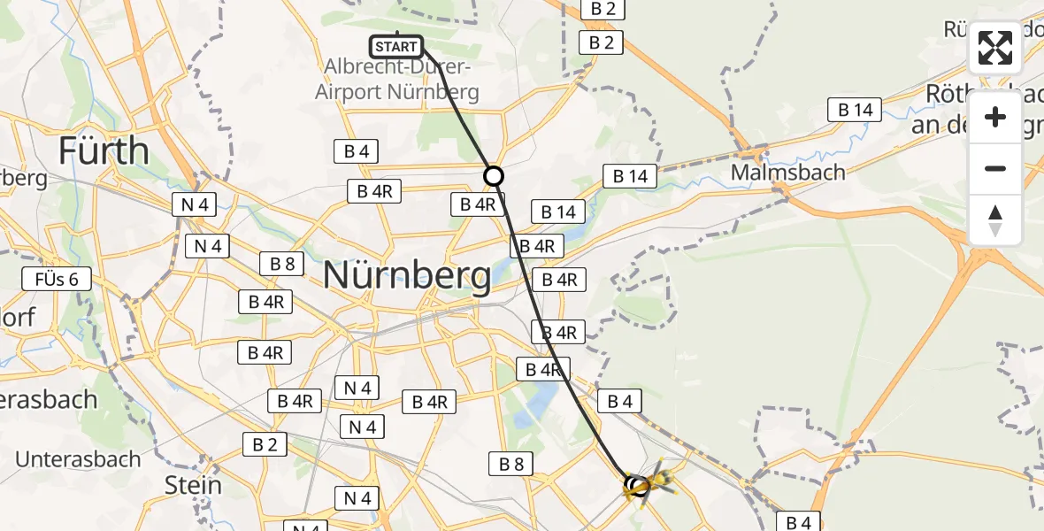 Flugroute Ambulanzhubschrauber Flughafen Nuremberg - Nürnberg South Hospital, 10 Mai 2026, 15:58