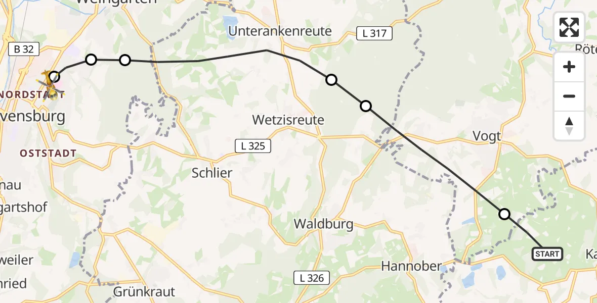 Flugroute Rettungshubschrauber Wangen im Allgäu - Sankt Elisabeth Hospital, 10 Mai 2026, 15:58