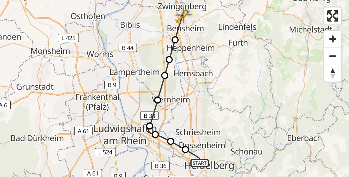 Flugroute Rettungshubschrauber Heidelberg - Bensheim, 10 Mai 2026, 16:00