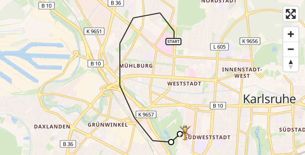 Flugroute Rettungshubschrauber Karlsruhe - Sankt Vincentius Hospital, 10 Mai 2026, 16:02