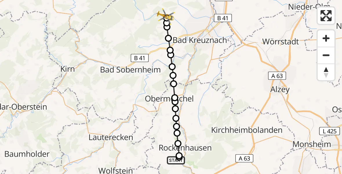 Flugroute Rettungshubschrauber Imsweiler UL - Wallhausen, 10 Mai 2026, 16:06