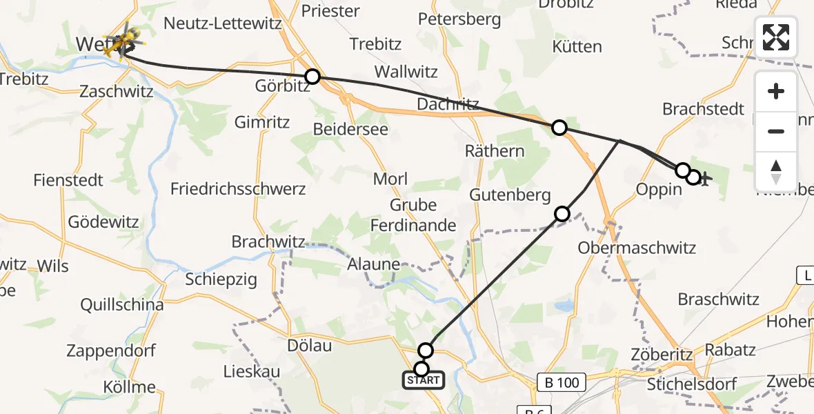 Flugroute Rettungshubschrauber Halle (Saale) University Hospital - Wettin-Löbejün, 10 Mai 2026, 16:13