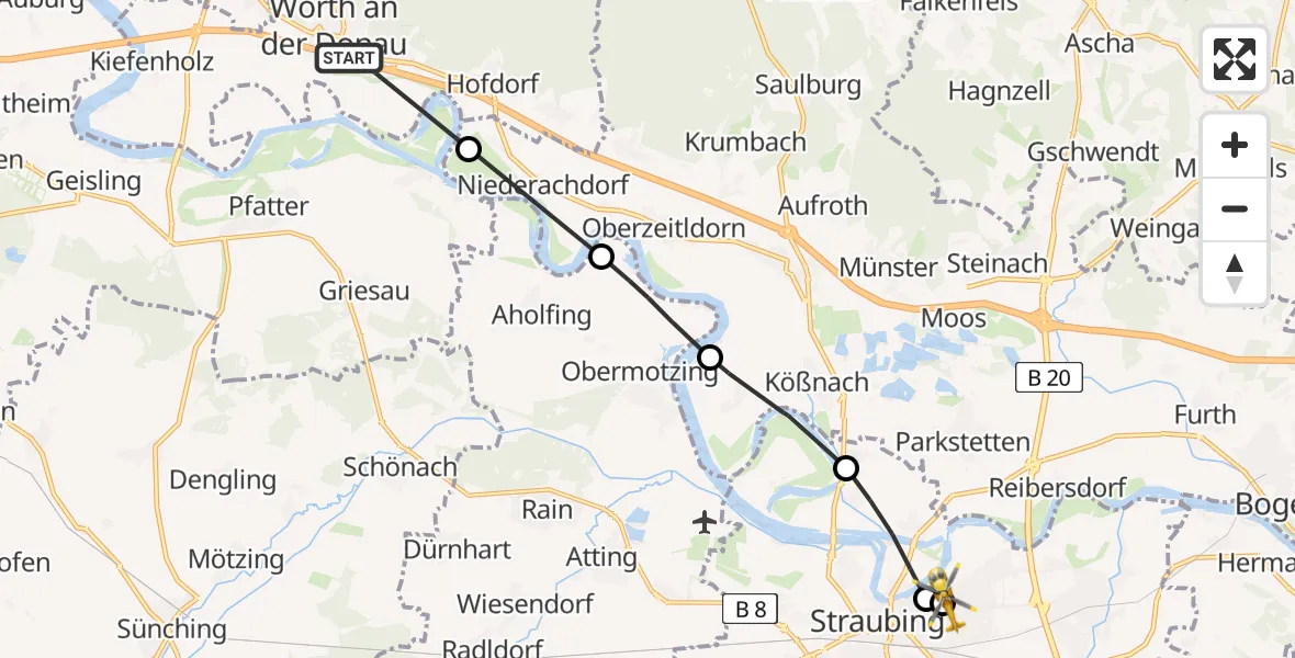 Flugroute Rettungshubschrauber Wörth a.d.Donau - Sankt Elisabeth Hospital Straubing, 10 Mai 2026, 16:16