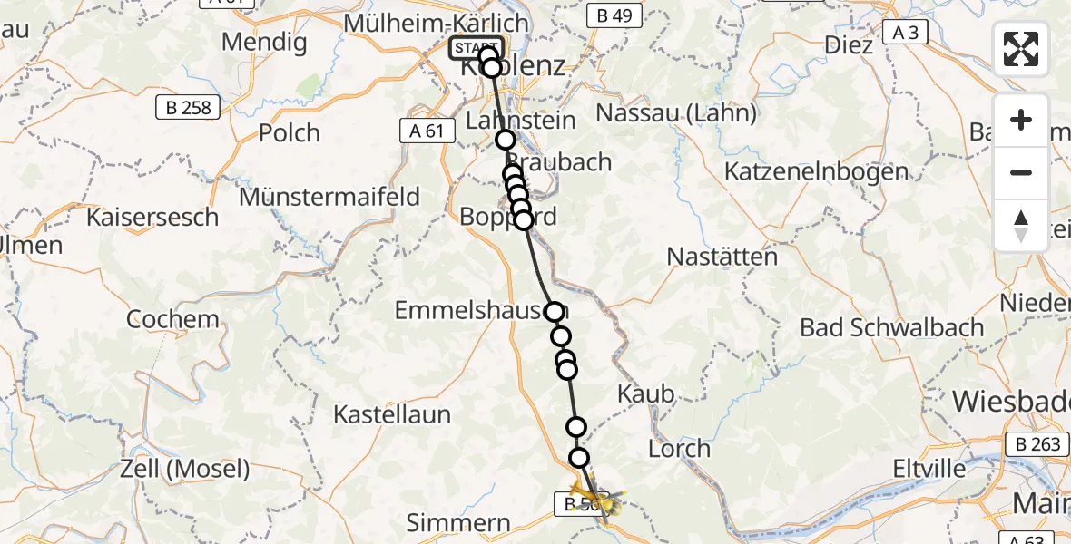 Flugroute Rettungshubschrauber Koblenz - Dichtelbach, 10 Mai 2026, 16:18