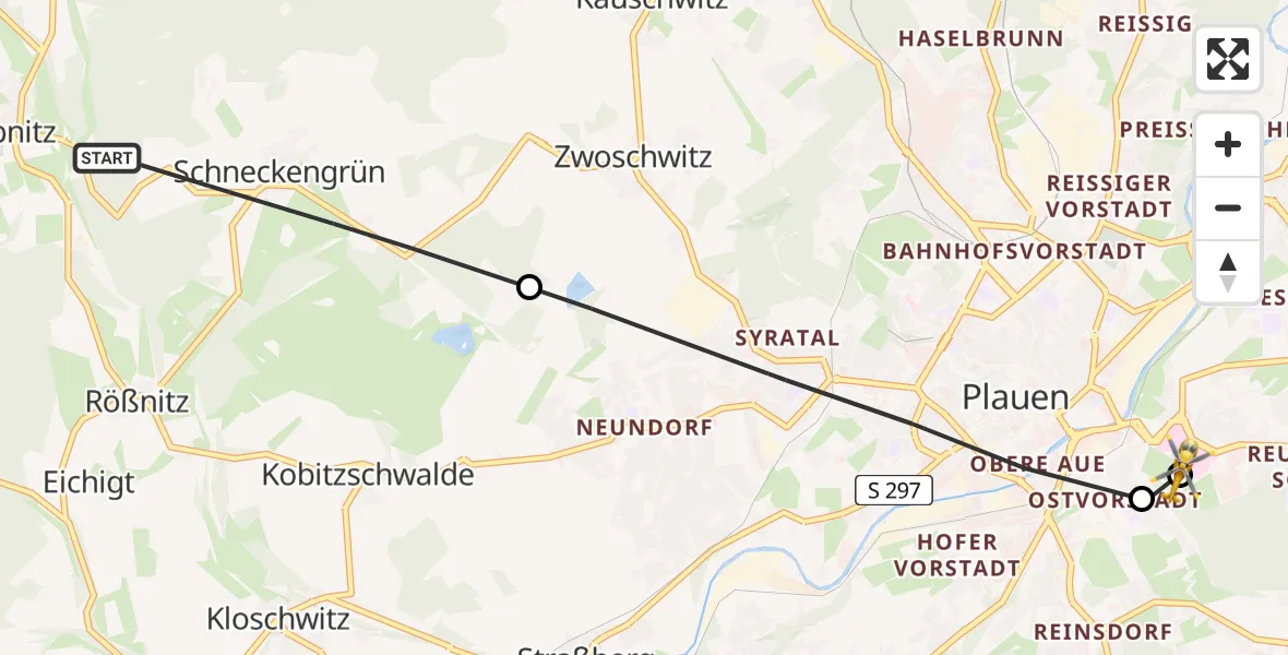 Flugroute Rettungshubschrauber Rosenbach/Vogtl. - Helios Clinic Plauen, 10 Mai 2026, 16:18